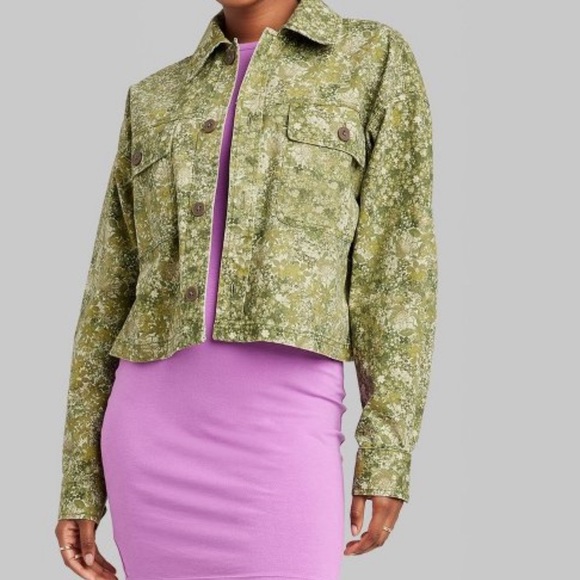 wild fable Jackets & Blazers - Wild Fable Green Floral Cropped Canvas Surplus Shacket